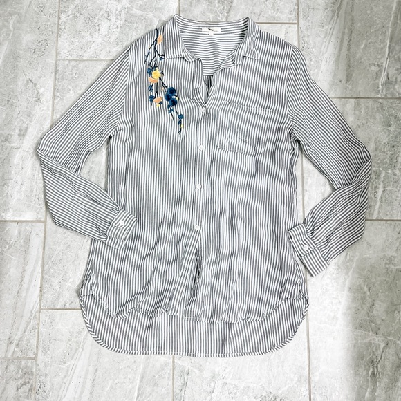 Laju Navy Striped Collared Button Down Floral Embroidery Accent Size Large - Picture 4 of 8